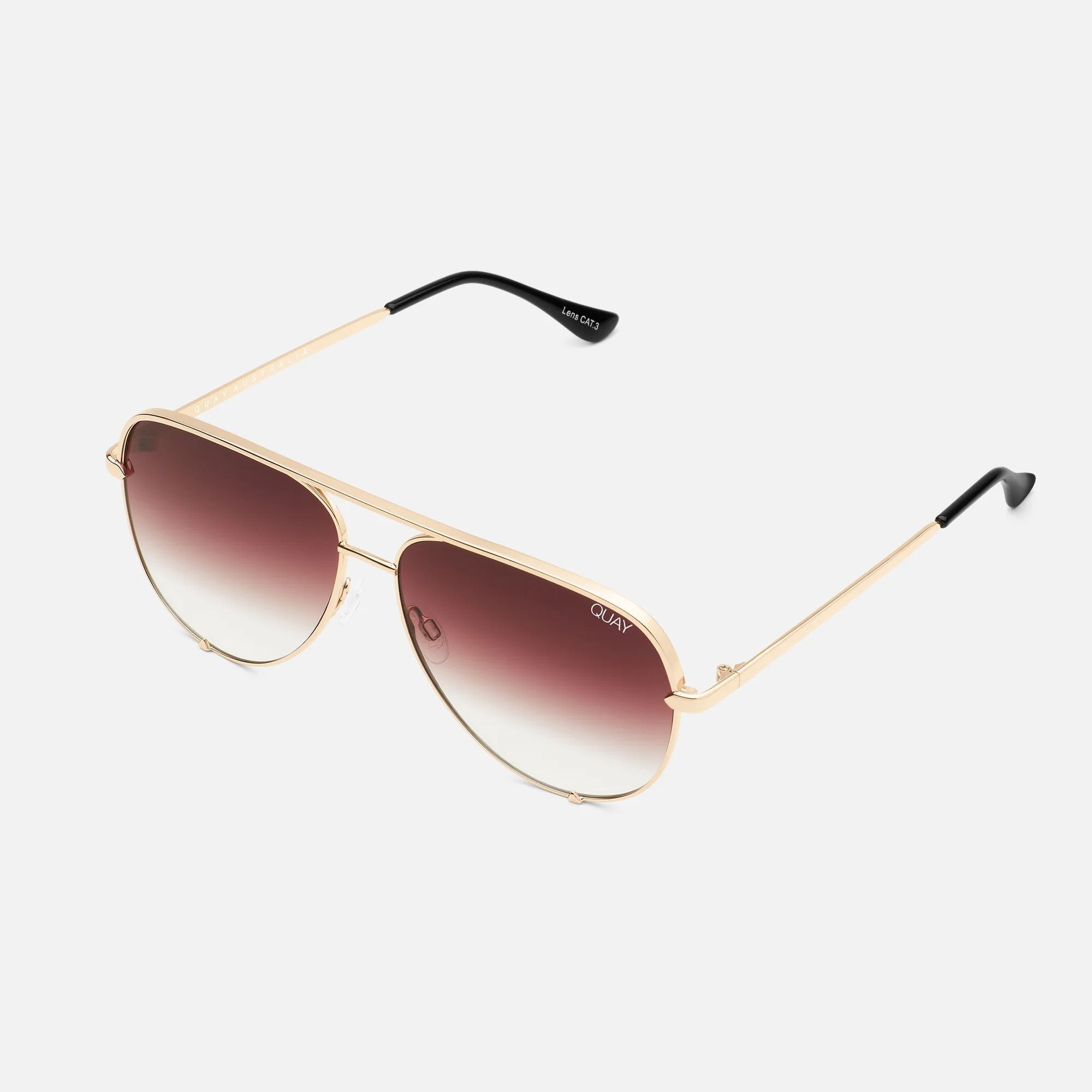 Quay Unisex High Key Mini Classic Aviator Sunglasses in Gold Frame/Brown Fade Lens - 3/4 angle